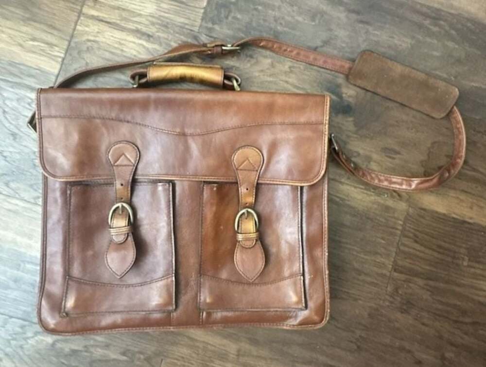 Hidesign Vintage Brown Leather Double Pocket Business Briefcase with Plaid Inter